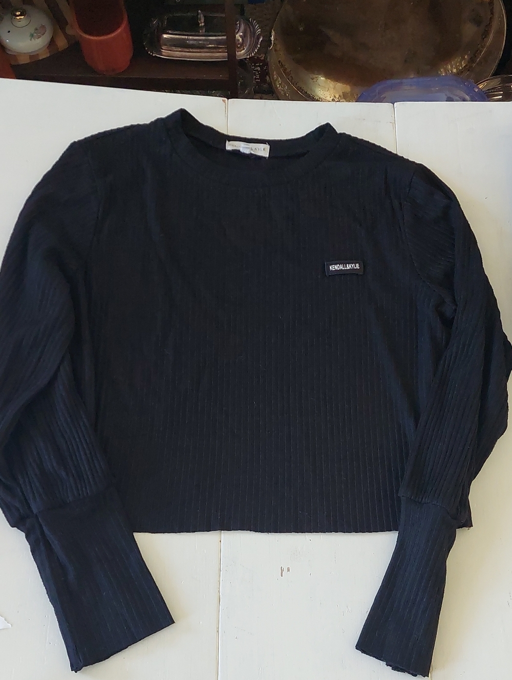 Kendall & Kylie ribbed long sleeve top in Black Size